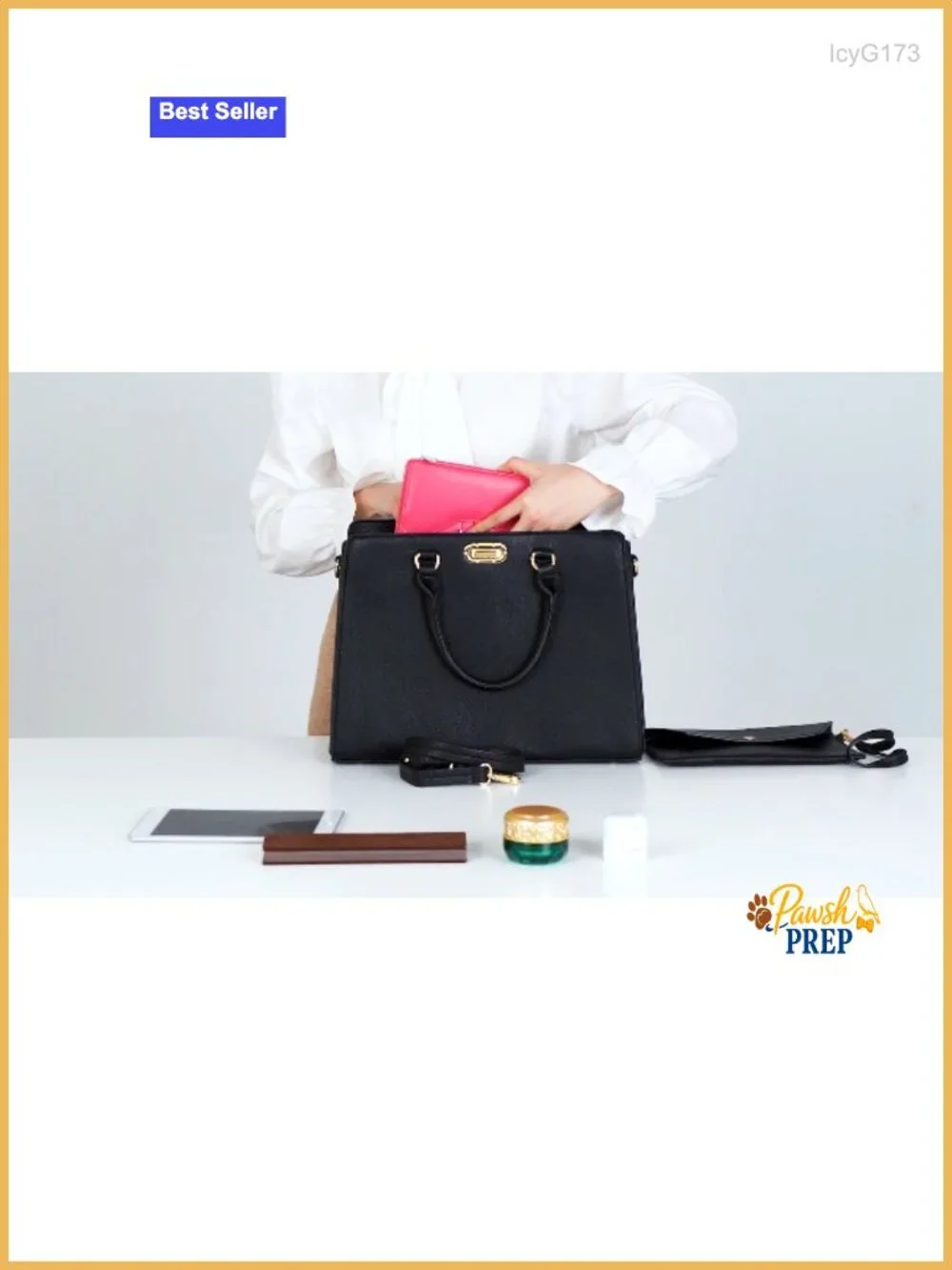 Vegan Leather Satchel Tote with Matching Clutch, Gold Hardware, Work Purse